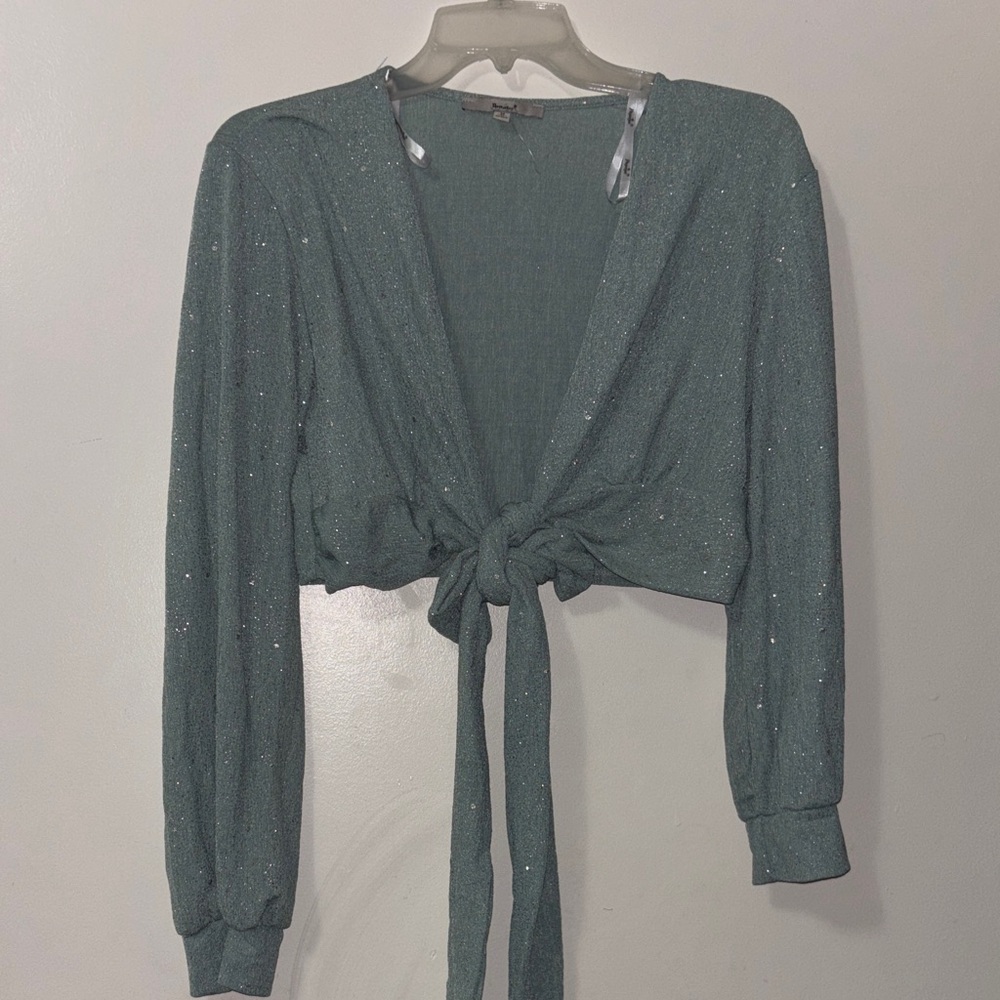 Sparkle Knit Tie-Front Crop Top in Teal